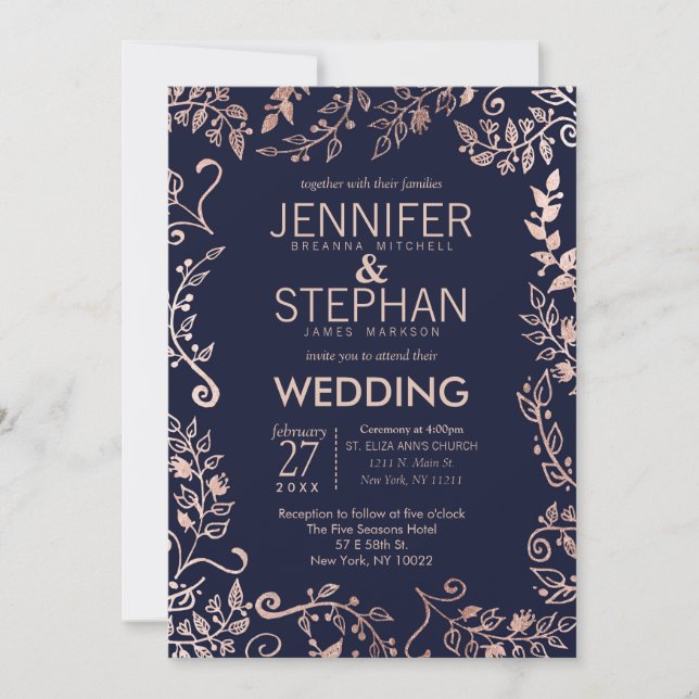 Elegant Navy Blue Rose Gold Floral Wedding Invites (Front)