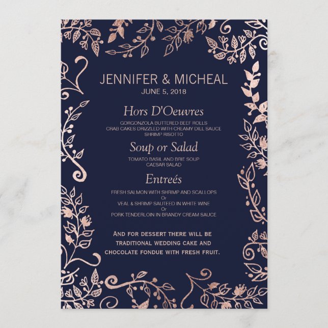 Elegant Navy Blue Rose Gold Floral Wedding Menu (Front)