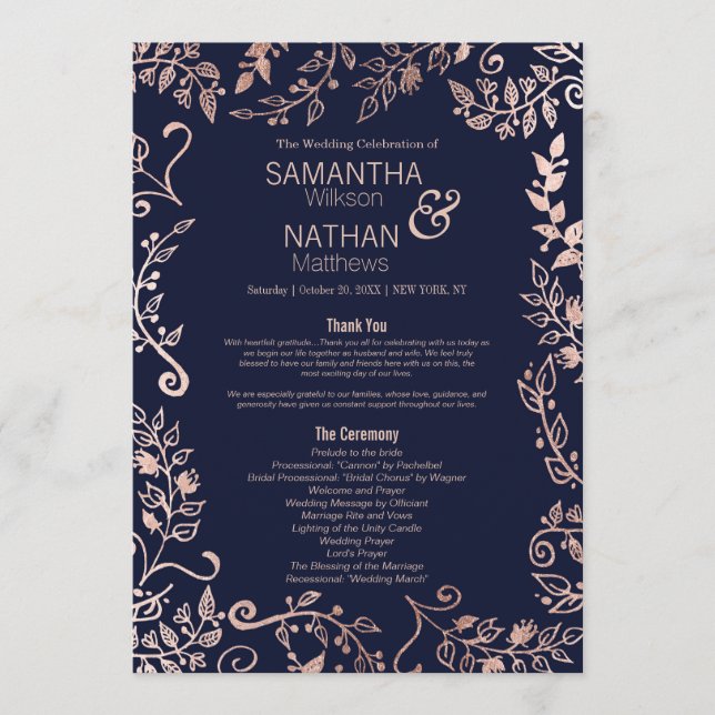 Elegant Navy Blue Rose Gold Floral Wedding Program Programme (Front)