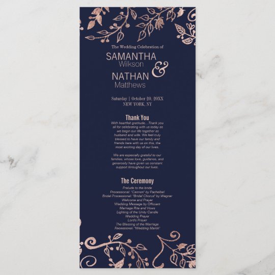 Elegant Navy Blue Rose Gold Floral Wedding Program Programme