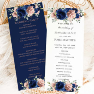 Elegant Navy Blue Rose Gold Floral Wedding Programme