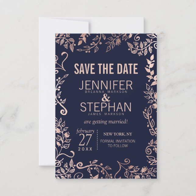 Elegant Navy Blue Rose Gold Floral Wedding Save The Date (Front)