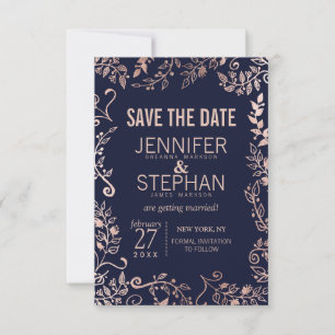 Elegant Navy Blue Rose Gold Floral Wedding Save The Date