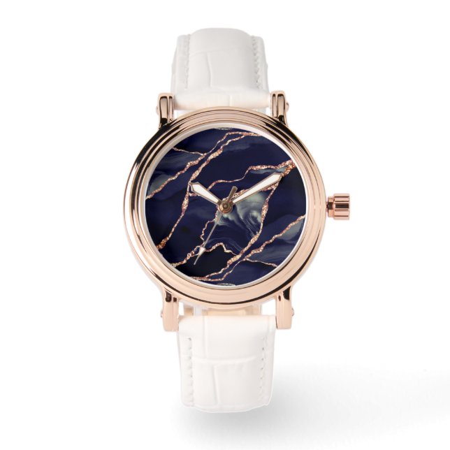 Elegant Navy Blue Rose Gold Foil Agate Watch (Front)