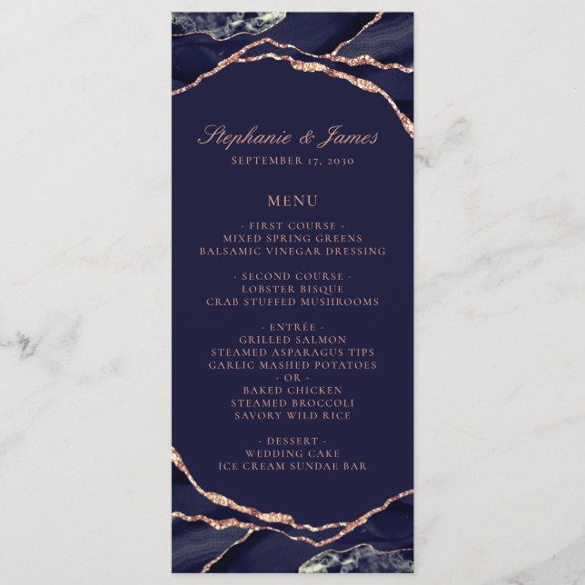 Elegant Navy Blue Rose Gold Foil Agate Wedding Menu (Front)