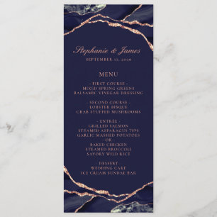 Elegant Navy Blue Rose Gold Foil Agate Wedding Menu