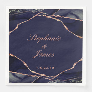 Elegant Navy Blue Rose Gold Foil Agate Wedding Napkin