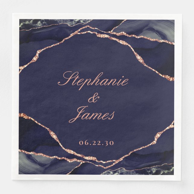 Elegant Navy Blue Rose Gold Foil Agate Wedding Napkin (Front)