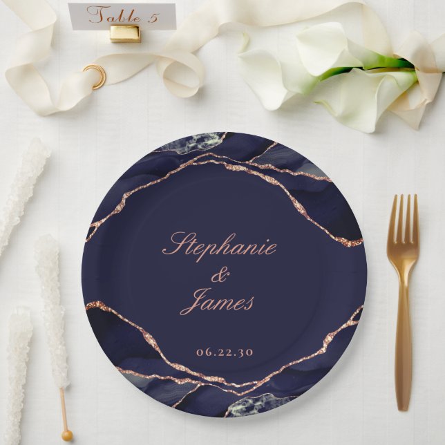 Elegant Navy Blue Rose Gold Foil Agate Wedding Paper Plate (Wedding)