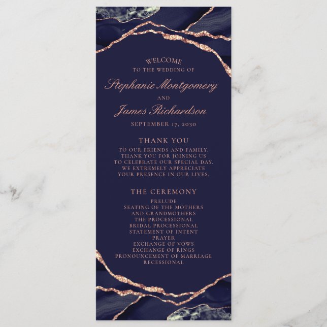 Elegant Navy Blue Rose Gold Foil Agate Wedding Programme (Front)