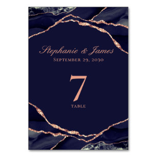 Elegant Navy Blue Rose Gold Foil Agate Wedding Table Number
