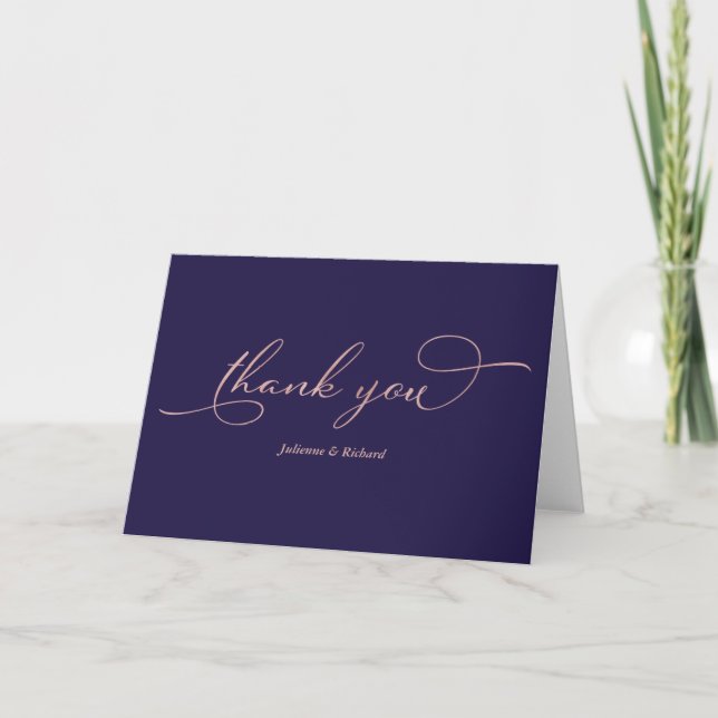 Elegant Navy Blue Rose Gold Foil Script Thank You Card (Front)