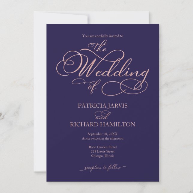 Elegant Navy Blue Rose Gold Foil Script Wedding Invitation (Front)
