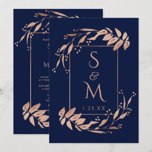 Elegant Navy Blue Rose Gold Foliage Wedding Invitation