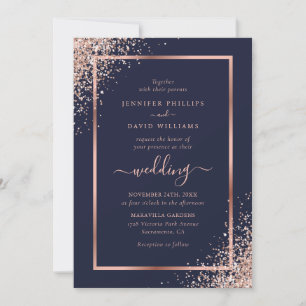 Elegant Navy Blue Rose Gold Glitter Frame Wedding Invitation