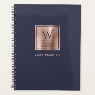 Elegant Navy Blue Rose Gold Monogram 2024 Planner