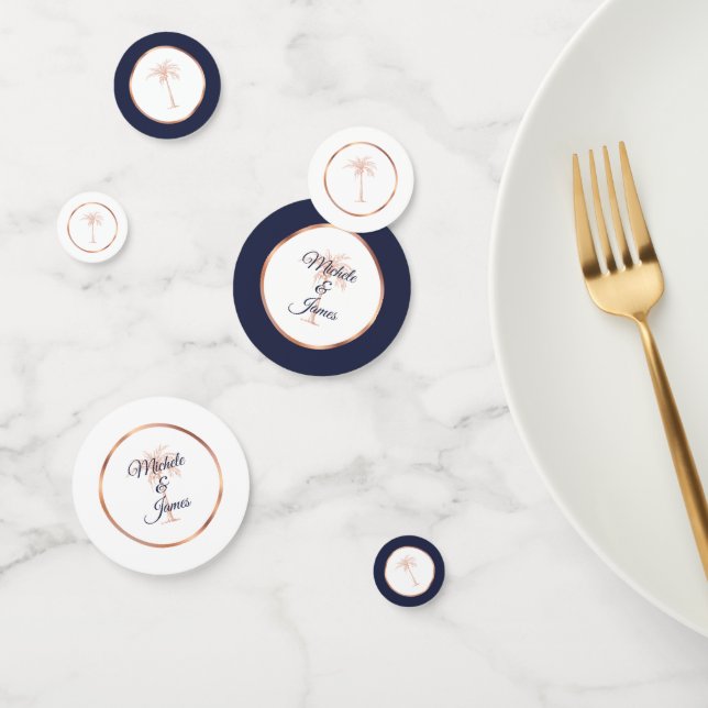 Elegant Navy Blue Rose Gold Palm Tree Wedding Confetti (Group)