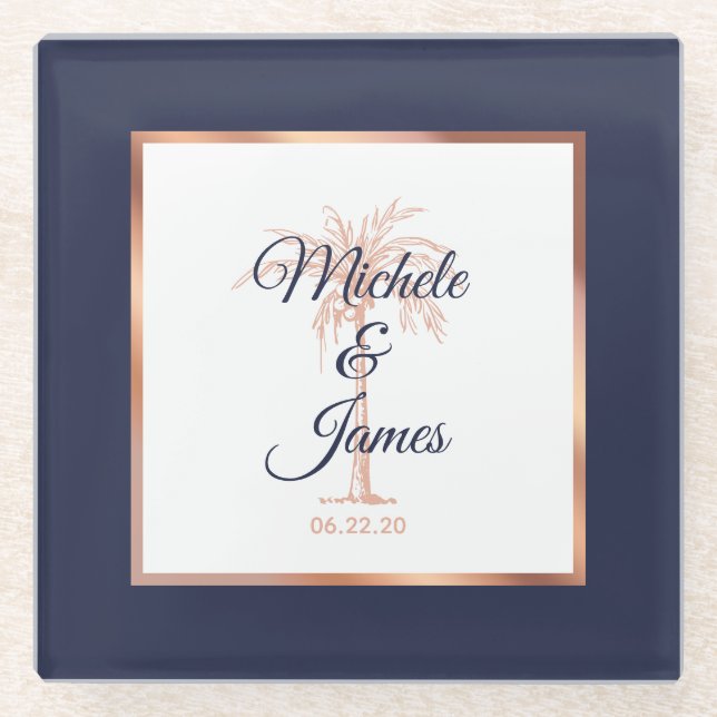 Elegant Navy Blue Rose Gold Palm Tree Wedding Glass Coaster (Front)