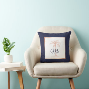 Elegant Navy Blue Rose Gold Palm Tree Wedding Mr. Cushion