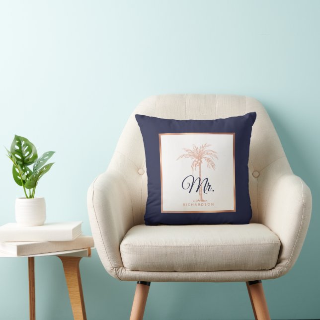 Elegant Navy Blue Rose Gold Palm Tree Wedding Mr. Cushion (Chair)