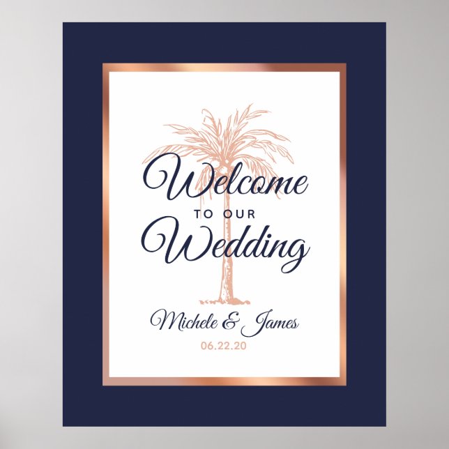 Elegant Navy Blue Rose Gold Palm Wedding Welcome Poster (Front)