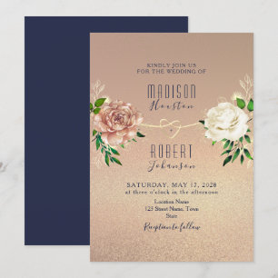 Elegant Navy Blue Rose Gold Wedding Invitation