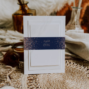 Elegant Navy Blue Rose Gold Wedding Invitation Belly Band