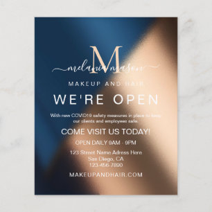 Elegant Navy Blue Rose Gold We're Open Salon Flyer