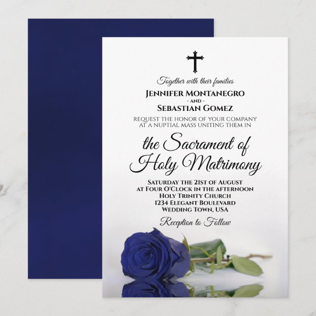 Elegant Navy Blue Rose Modern Catholic Wedding Invitation (Front/Back)