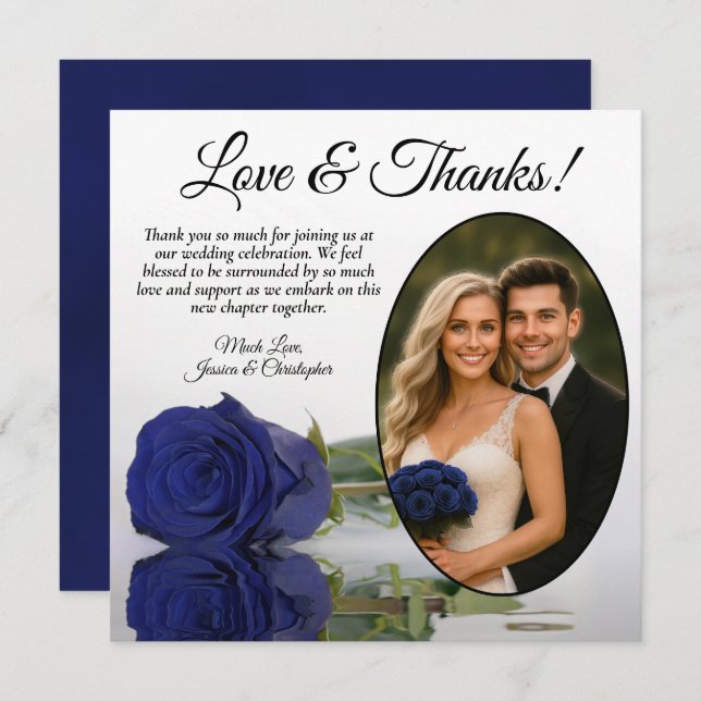 Elegant Navy Blue Rose Oval Photo Romantic Wedding Thank You Card (Front/Back)