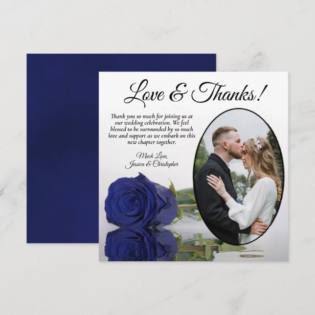 Elegant Navy Blue Rose Oval Photo Romantic Wedding Thank You Card (Front/Back)