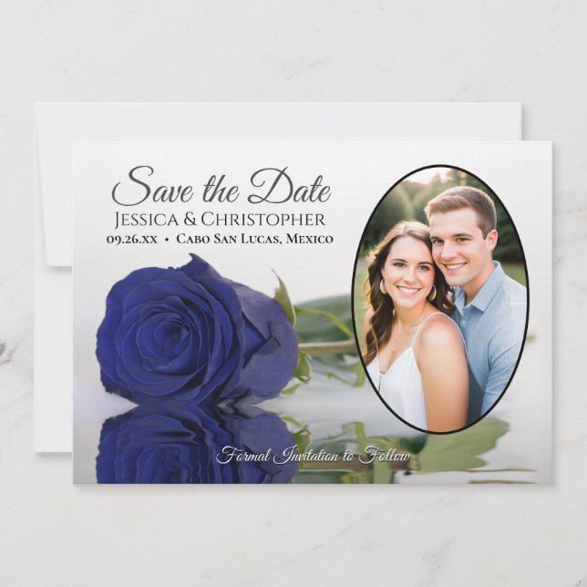 Elegant Navy Blue Rose & Oval Photo Wedding Save The Date (Front)
