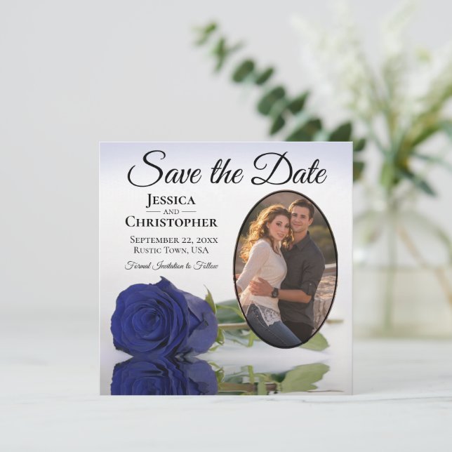 Elegant Navy Blue Rose Oval Photo Wedding Save The Date (Standing Front)