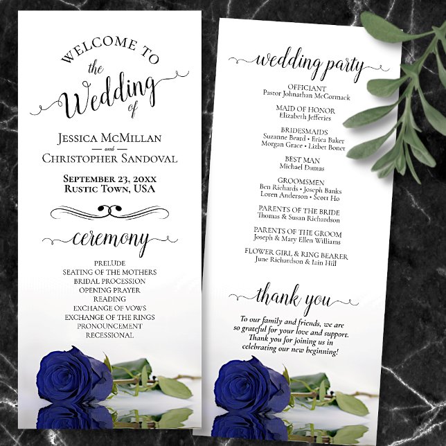 Elegant Navy Blue Rose Simple Romantic Wedding Programme (Front and Back)