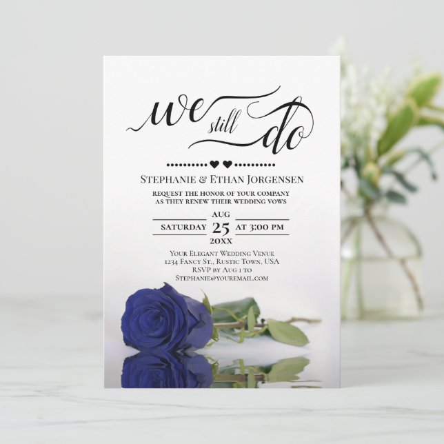 Elegant Navy Blue Rose We Still Do Vow Renewal Invitation (Standing Front)