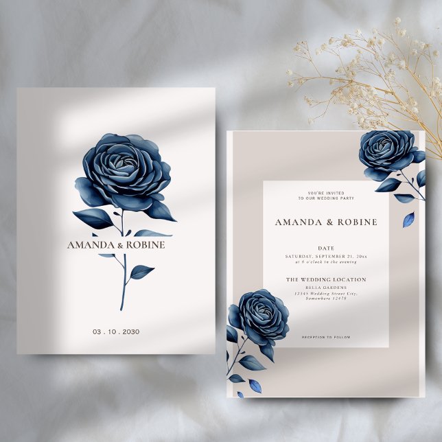 Elegant Navy Blue Rose Wedding Invitation (Creator Uploaded)