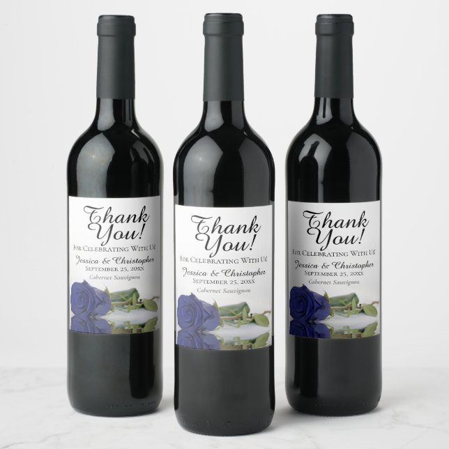 Elegant Navy Blue Rose Wedding Thank You Wine Label (Bottles)
