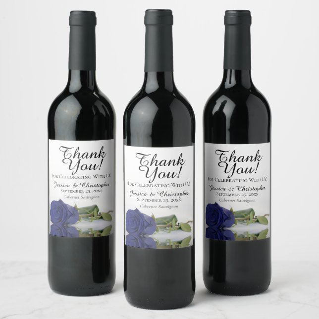 Elegant Navy Blue Rose Wedding Thank You Wine Label (Bottles)
