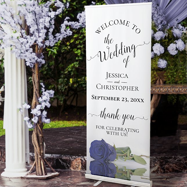Elegant Navy Blue Rose Wedding Welcome Retractable Banner (Creator Uploaded)