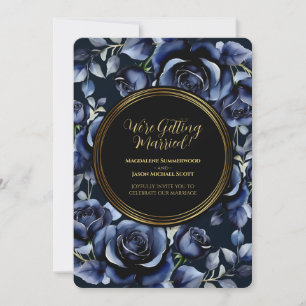 Elegant Navy Blue Roses Floral & Gold Black Frame Invitation