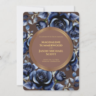 Elegant Navy Blue Roses Floral & Gold Brown Invitation