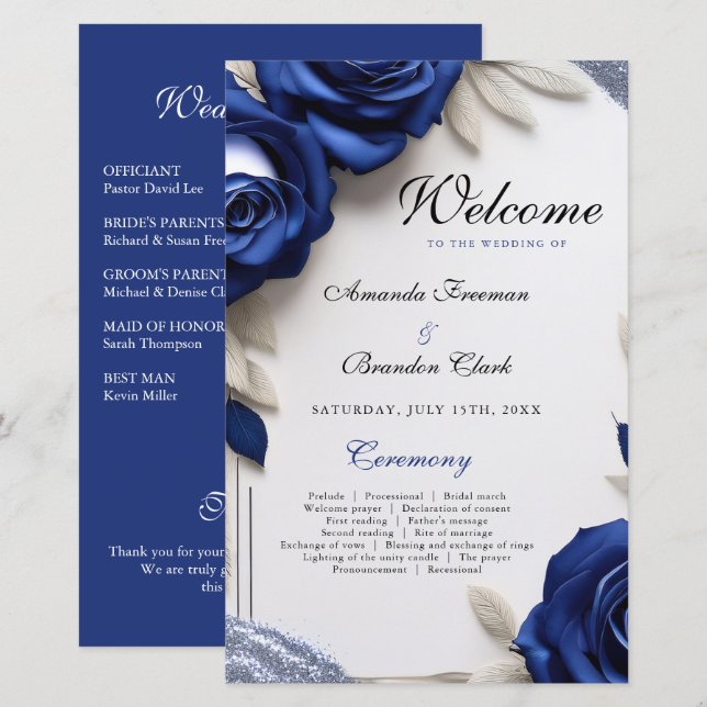Elegant Navy Blue Roses & Silver Glitter Wedding (Front/Back)