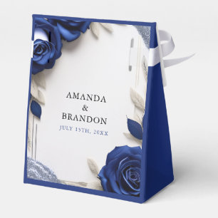 Elegant Navy Blue Roses & Silver Glitter Wedding Favour Box