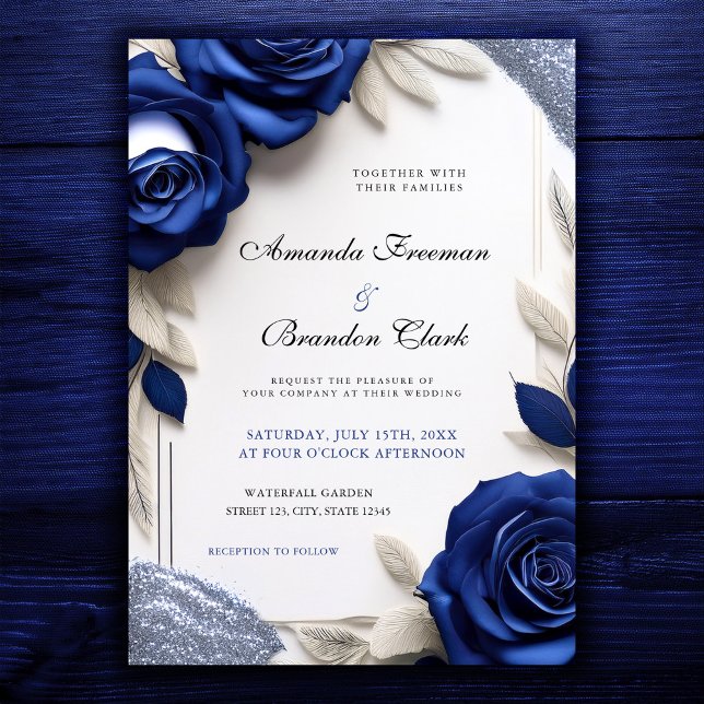 Elegant Navy Blue Roses & Silver Glitter Wedding Invitation (Creator Uploaded)