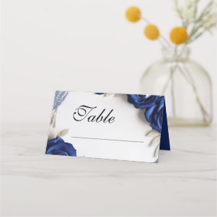 Elegant Navy Blue Roses & Silver Glitter Wedding Place Card
