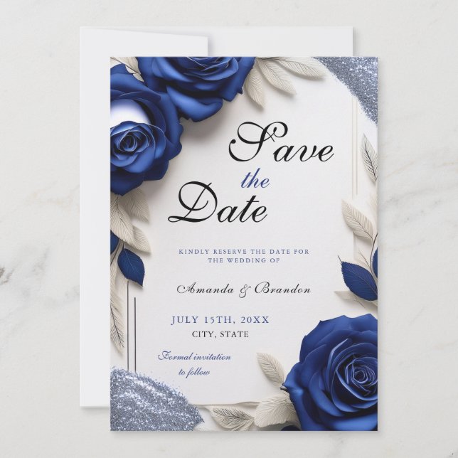 Elegant Navy Blue Roses & Silver Glitter Wedding Save The Date (Front)