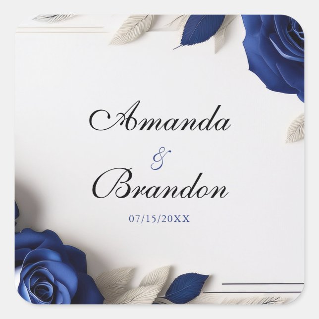 Elegant Navy Blue Roses & Silver Glitter Wedding Square Sticker (Front)