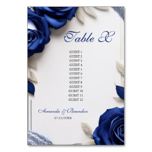 Elegant Navy Blue Roses & Silver Glitter Wedding Table Number