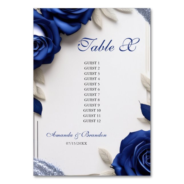 Elegant Navy Blue Roses & Silver Glitter Wedding Table Number (Front)