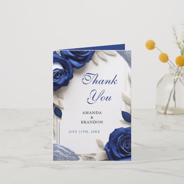 Elegant Navy Blue Roses & Silver Glitter Wedding Thank You Card (Front)